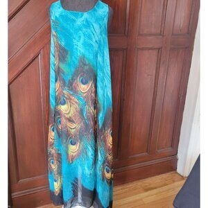 Peacock Feather Print Sleeveless Dress - Elegant & Flowing Design  M
